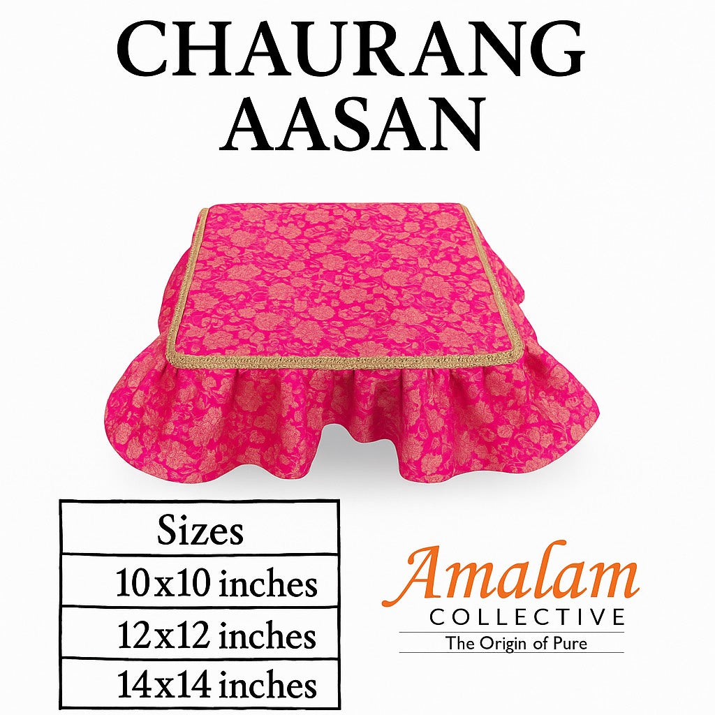 Magenta Pink Chourang Asaan for God/Goddess, 10*10 Inch. Golden Embroidery, Cloth for Temple