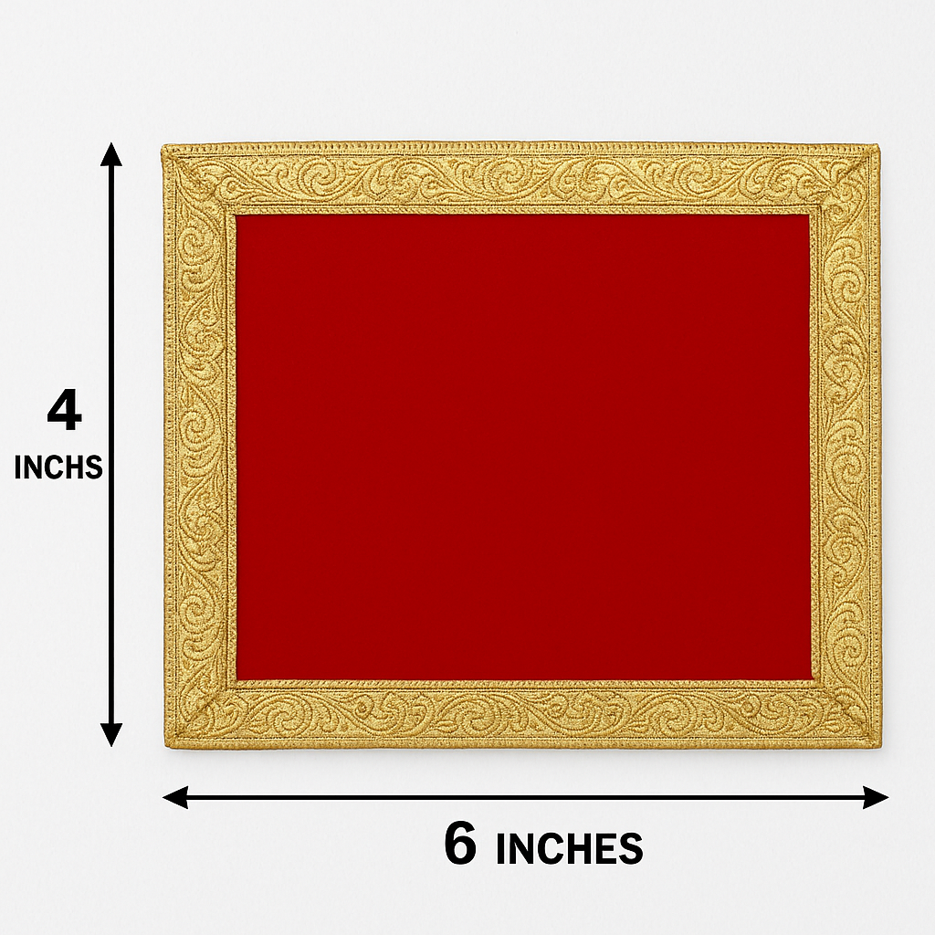 Red Velvet Pooja Aasan Cloth for God/Goddess – 4x6 Inch Temple Mat with Golden Embroidery | Decorative Puja Cloth for Mandir & Home Temple