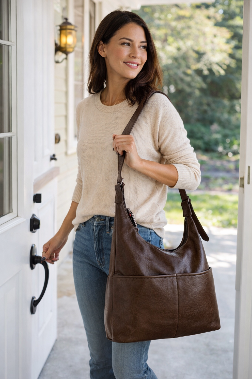 Classic Brown Leather Hobo Shoulder Bag with Adjustable Strap