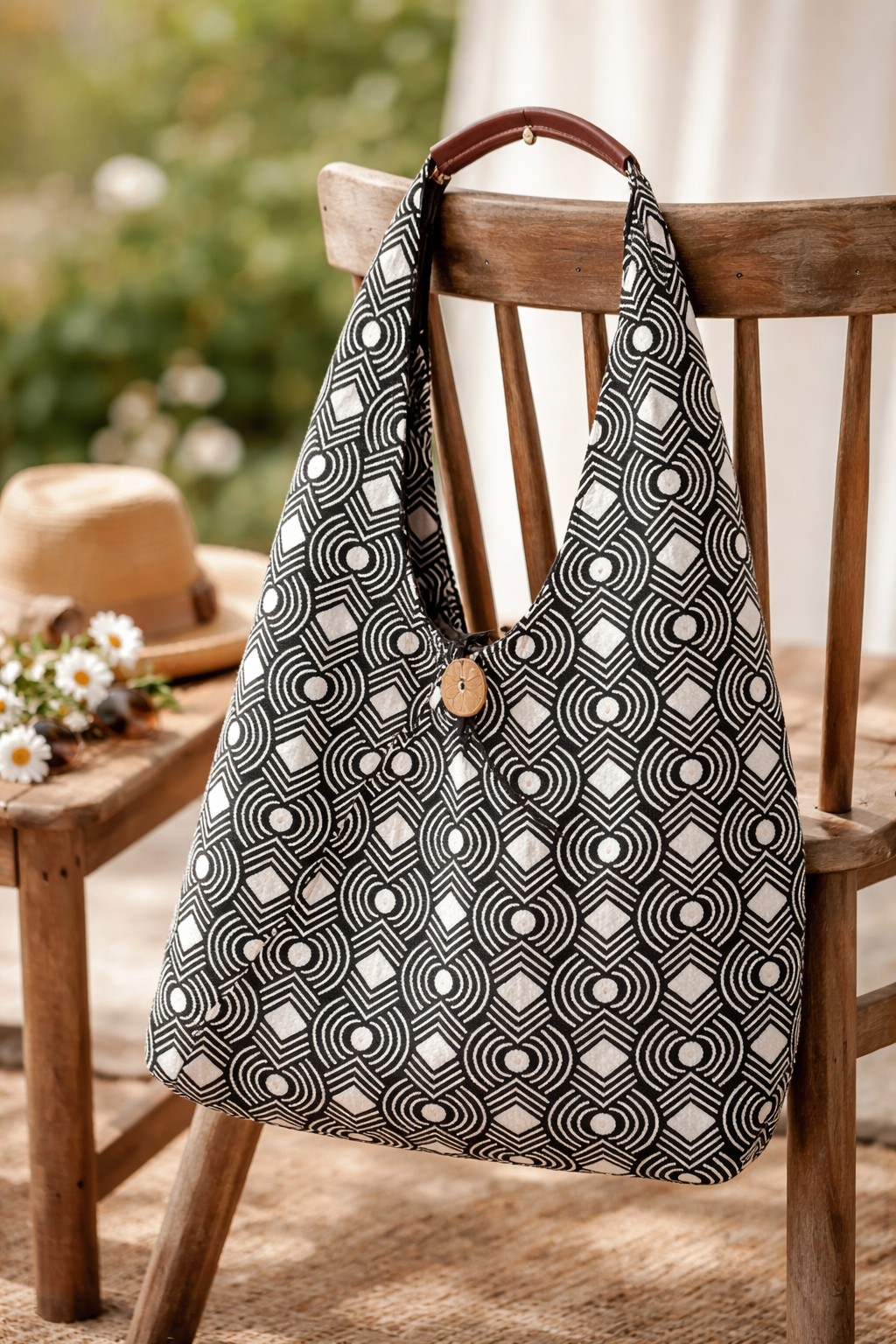 Artisan Geometric Tote Bag with Wooden Button Detail