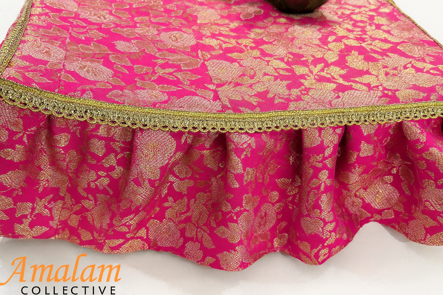 Magenta Pink Chourang Asaan for God/Goddess, 10*10 Inch. Golden Embroidery, Cloth for Temple