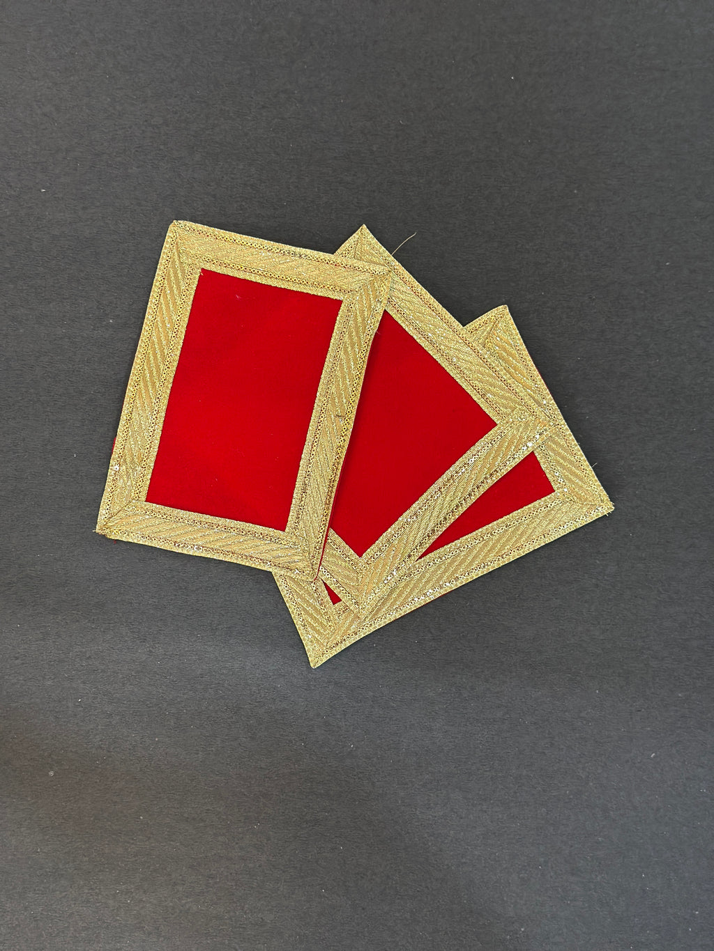 Combo Pack - 3 Red Velvet Asaan for God/Goddess, 4*4(Two Piece), 5*5(1 Piece). Golden Embroidery, Cloth for Temple