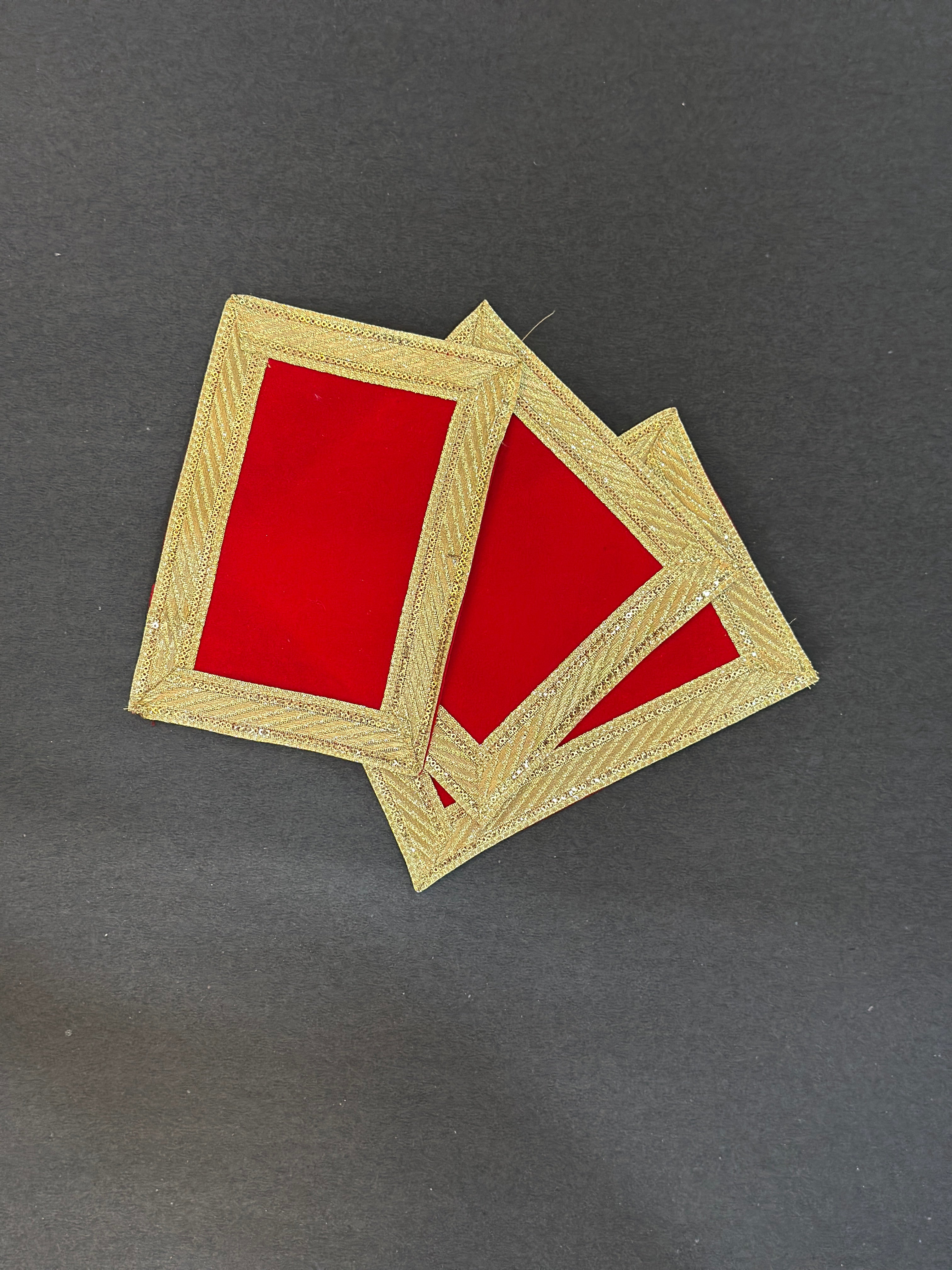 Combo Pack - 3 Red Velvet Asaan for God/Goddess, 4*4(Two Piece), 5*5(1 Piece). Golden Embroidery, Cloth for Temple