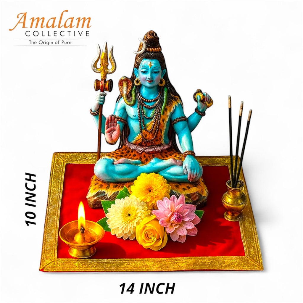 Red Velvet Pooja Aasan Cloth for God/Goddess – 10x10 Inch Temple Mat with Golden Embroidery | Decorative Puja Cloth for Mandir & Home Temple