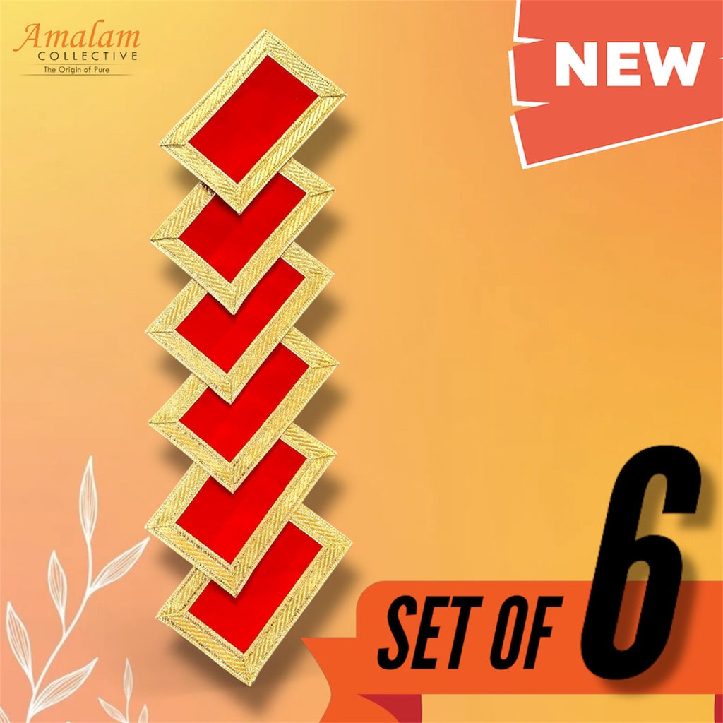 Red Velvet Pooja Aasan Cloth for God/Goddess – 4x6 Inch Temple Mat with Golden Embroidery | Decorative Puja Cloth for Mandir & Home Temple