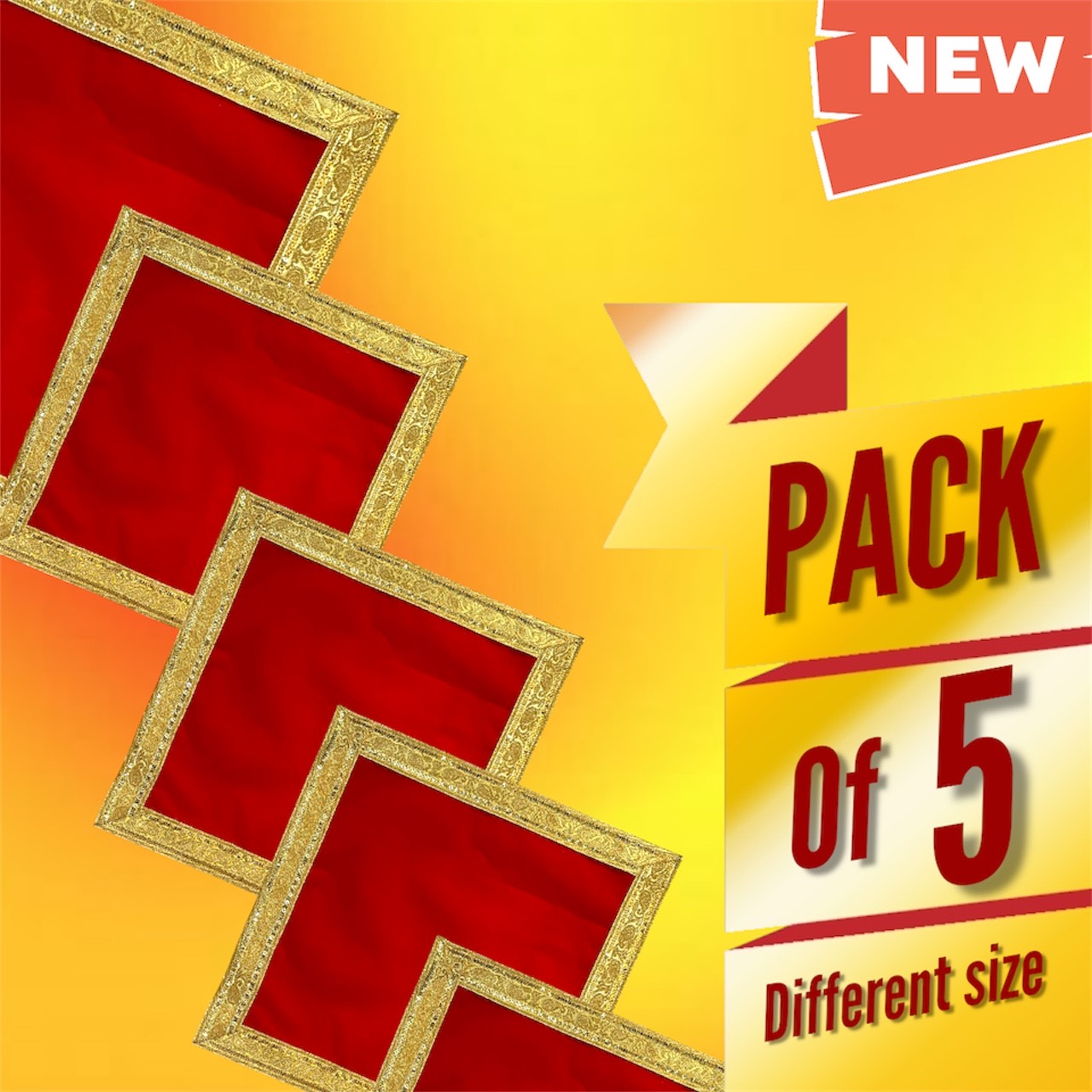 Red Velvet Asaan Set(5 Pieces) for God/Goddess, 4*4(Two Pieces), 20*20(1 Piece), 15*20(1 Piece). Golden Embroidery, Cloth for Temple