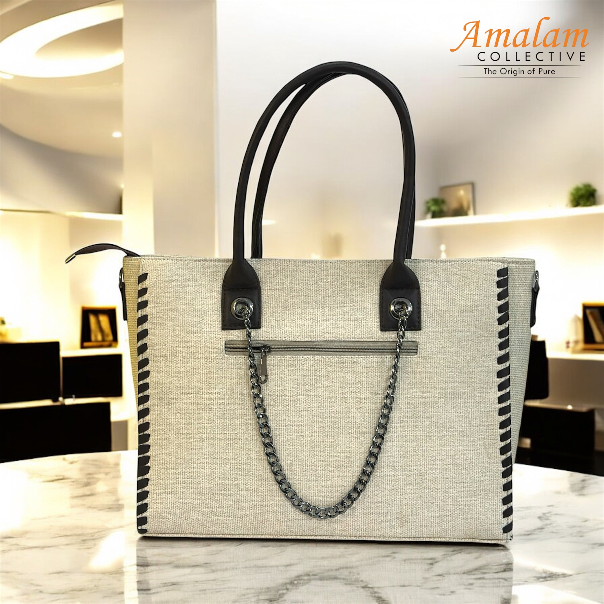 Amalam Collective Canvas Tote Bag with Chain Detail – Elegant Everyday Carry
