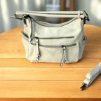 White / Brown Shoulder Bag with Zip Pockets – Modern Everyday Bag