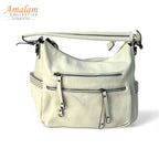 White / Brown Shoulder Bag with Zip Pockets – Modern Everyday Bag