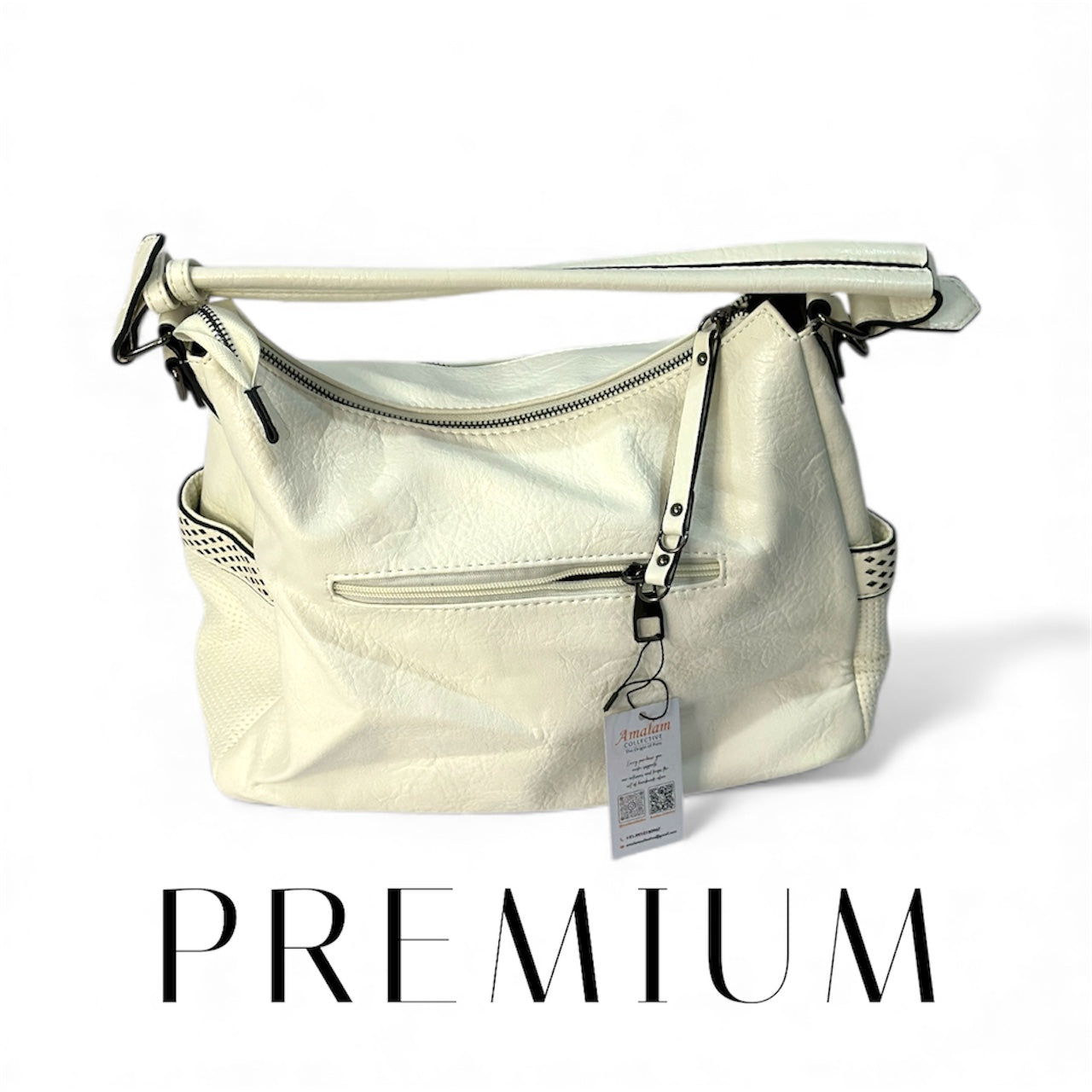 White / Brown Shoulder Bag with Zip Pockets – Modern Everyday Bag
