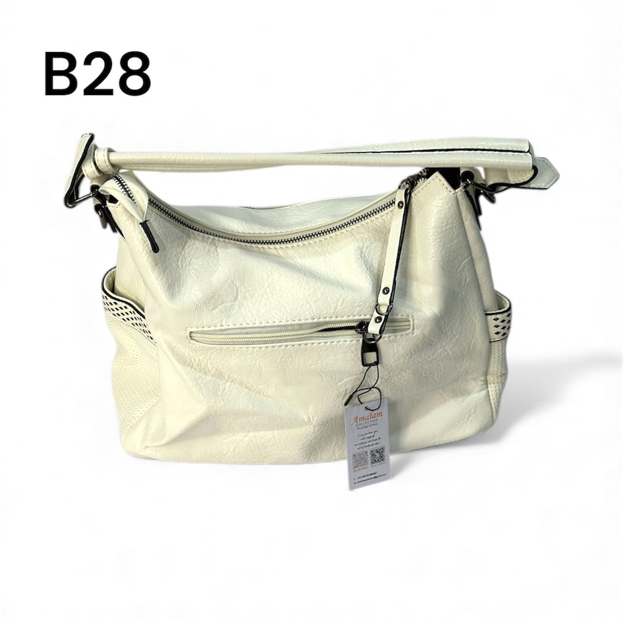 White / Brown Shoulder Bag with Zip Pockets – Modern Everyday Bag