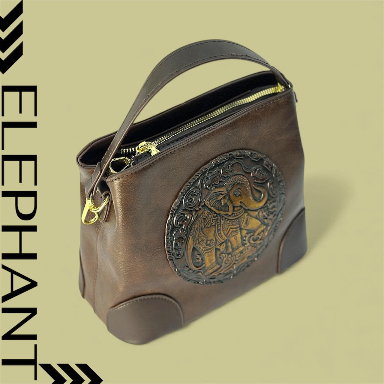 Handcrafted Brown Pouch with Elephant Embossing – Artisan Zip Bag
