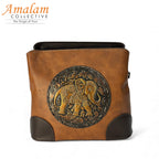 Handcrafted Brown Pouch with Elephant Embossing – Artisan Zip Bag