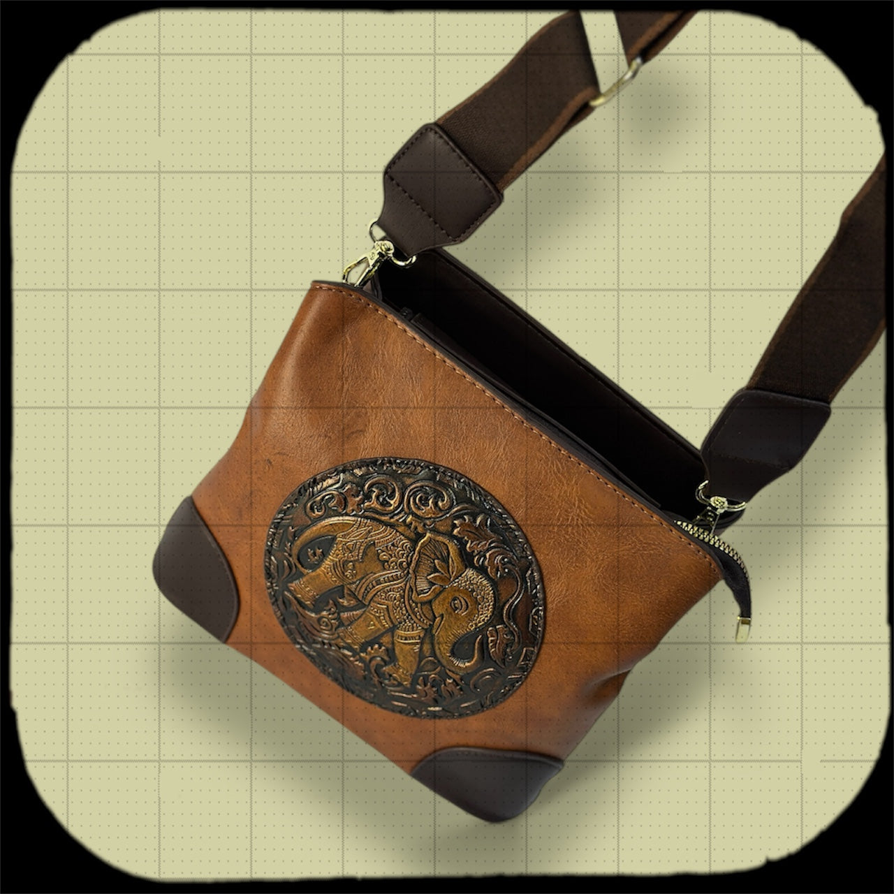 Handcrafted Brown Pouch with Elephant Embossing – Artisan Zip Bag