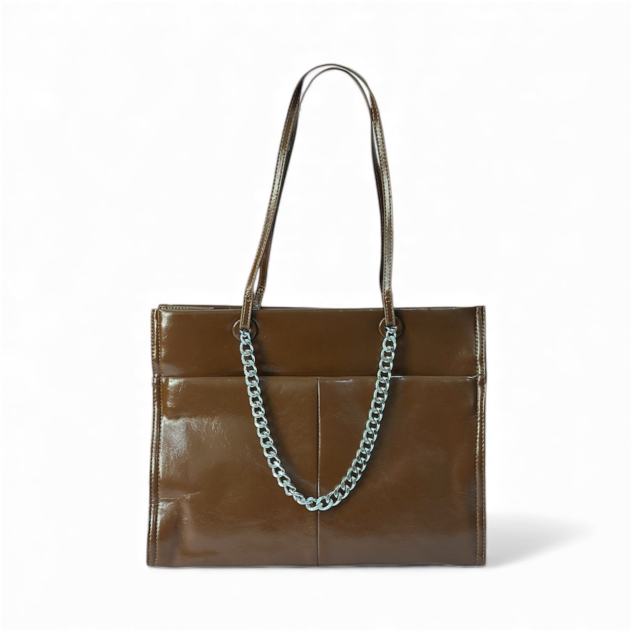 Brown Tote Bag with Chain Accent – Structured Everyday Shoulder Bag