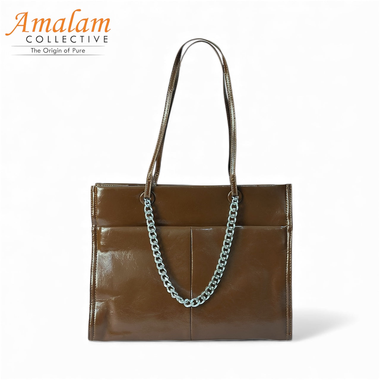 Brown Tote Bag with Chain Accent – Structured Everyday Shoulder Bag