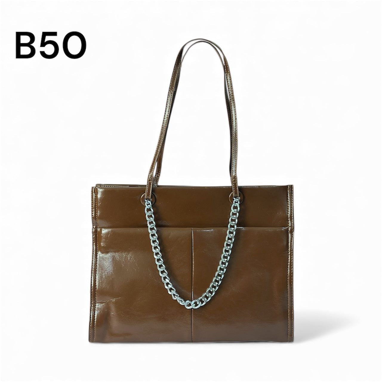 Brown Tote Bag with Chain Accent – Structured Everyday Shoulder Bag