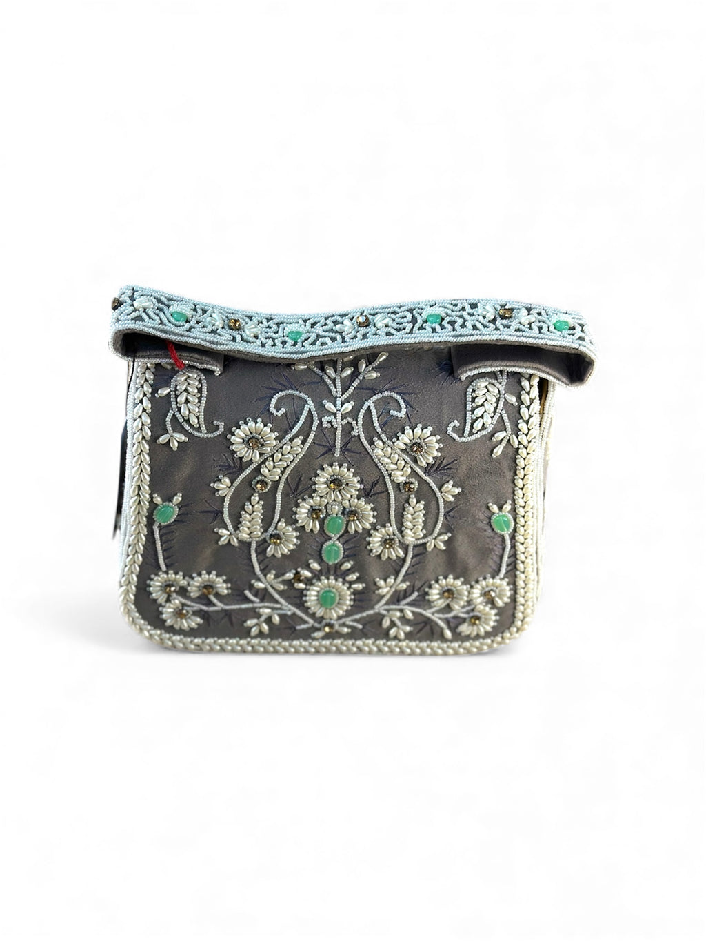 Hand Crafted Elegant Grey Embroidered Clutch with Beadwork