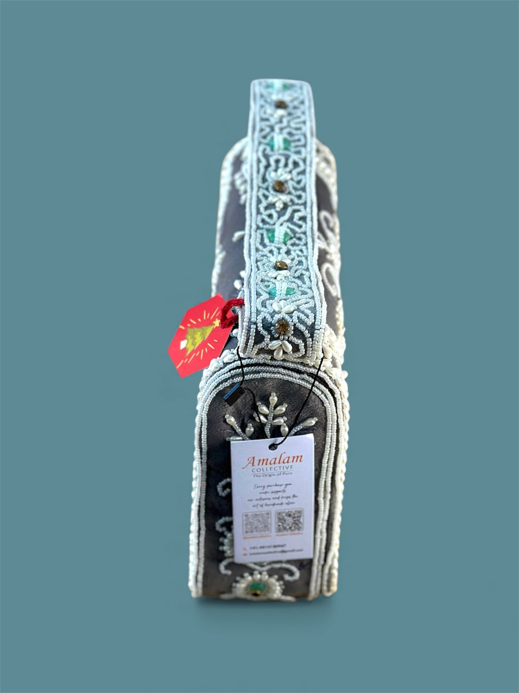 Hand Crafted Elegant Grey Embroidered Clutch with Beadwork