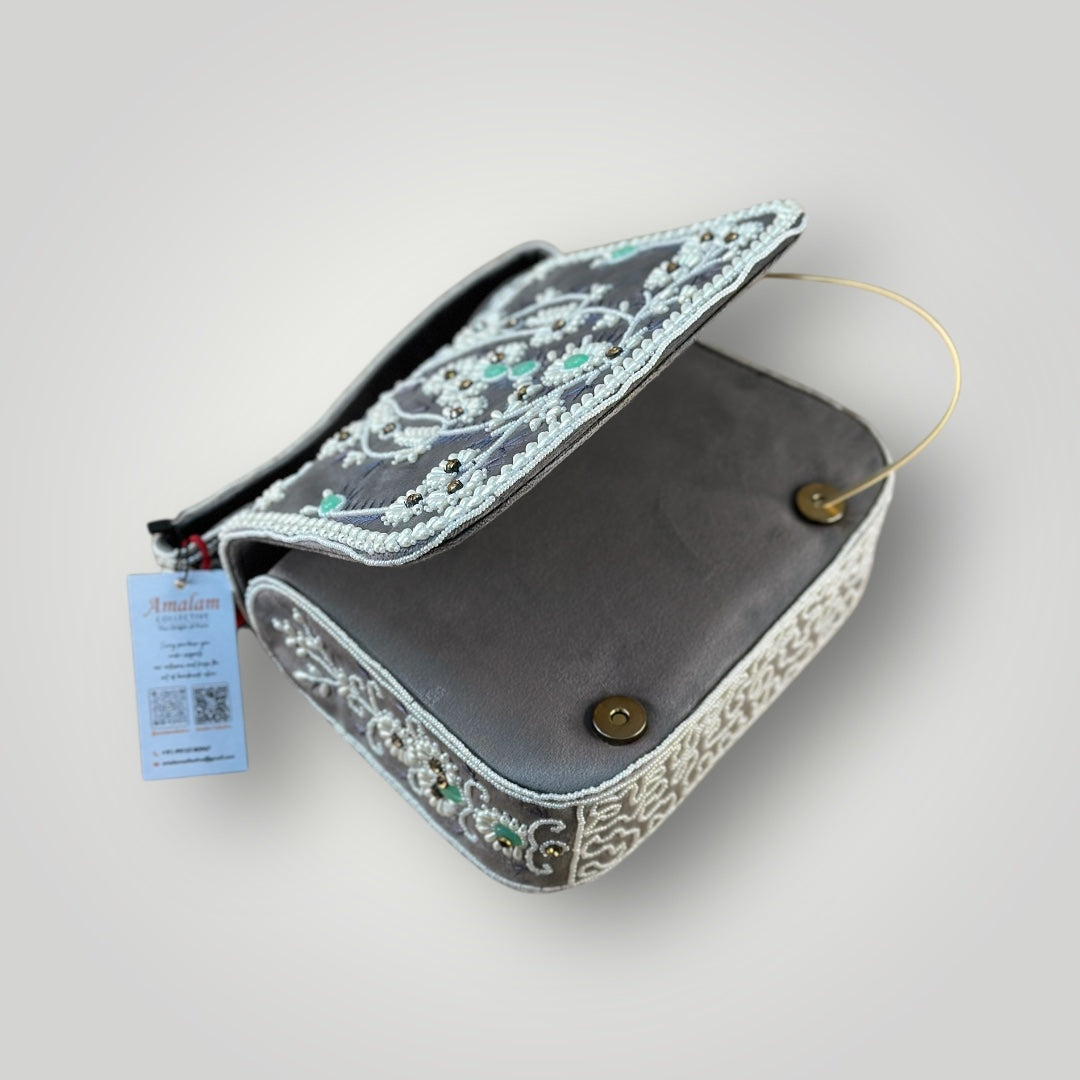 Hand Crafted Elegant Grey Embroidered Clutch with Beadwork