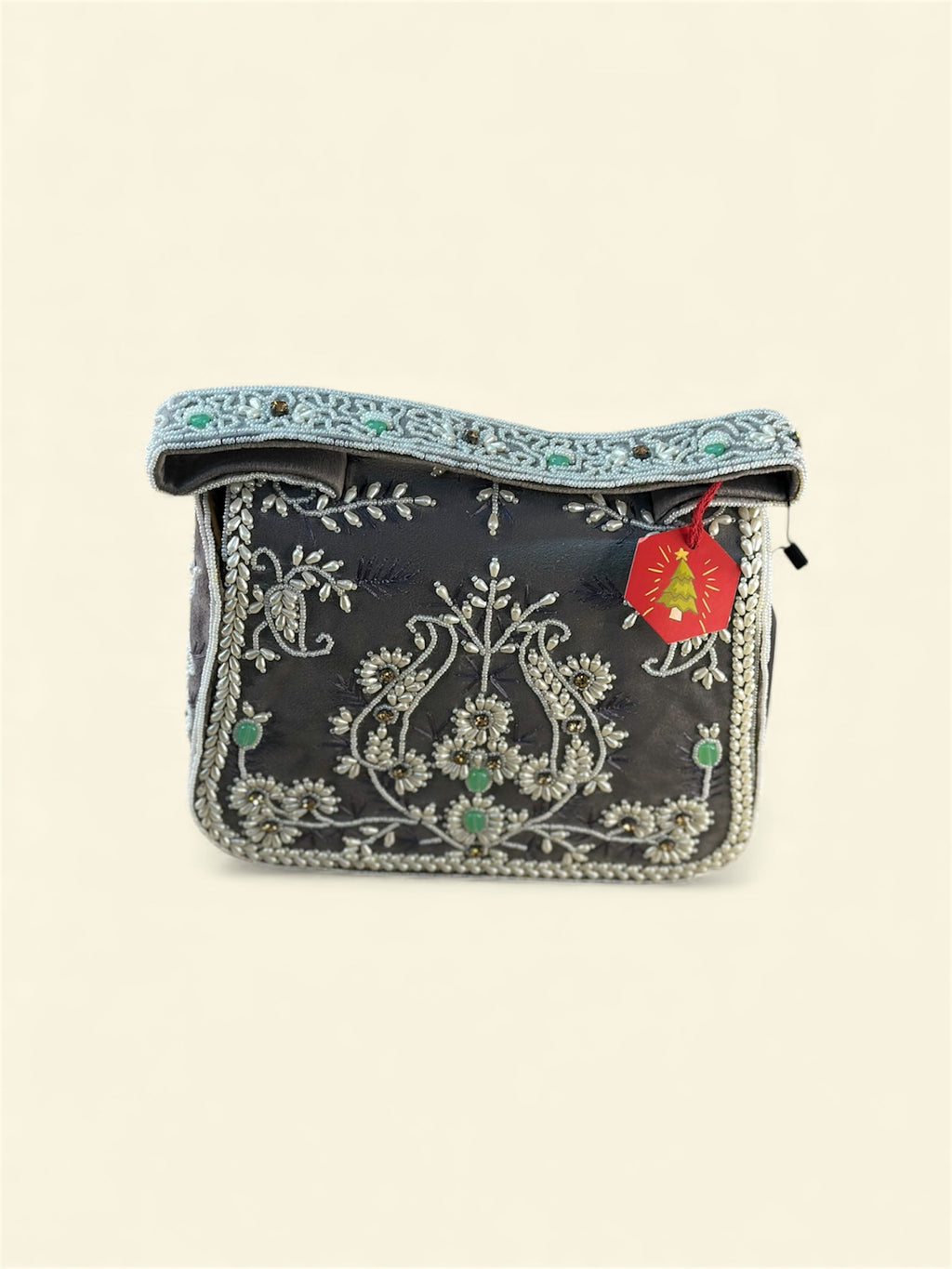 Hand Crafted Elegant Grey Embroidered Clutch with Beadwork