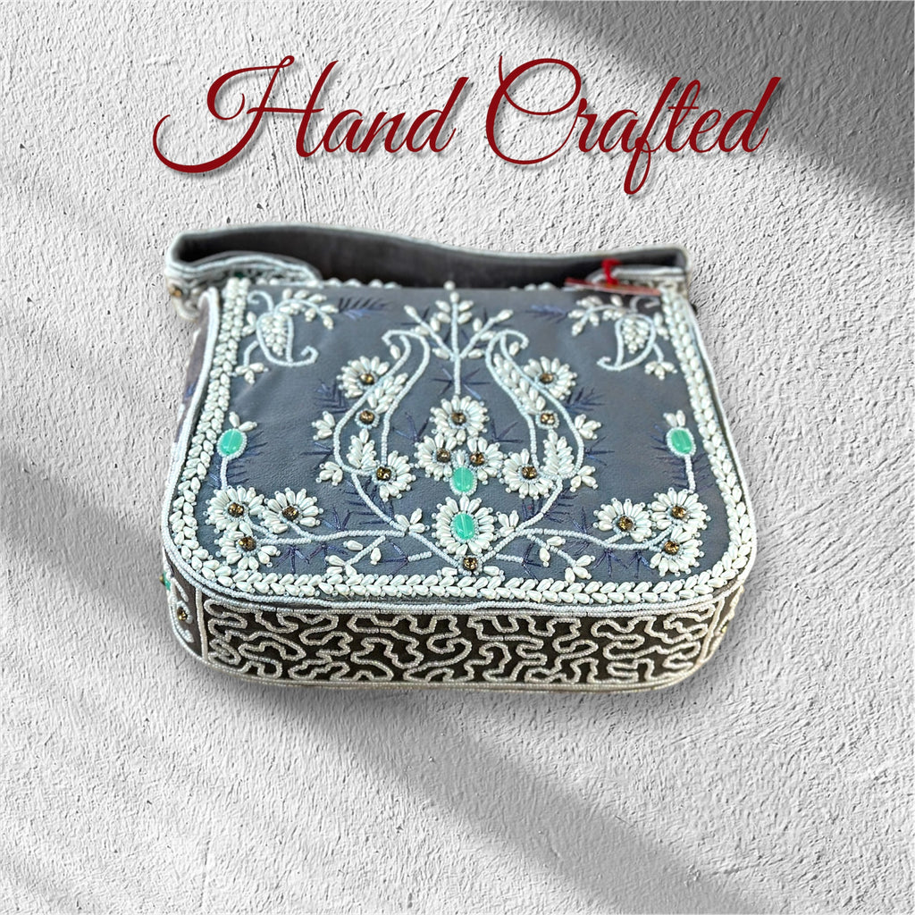Hand Crafted Elegant Grey Embroidered Clutch with Beadwork