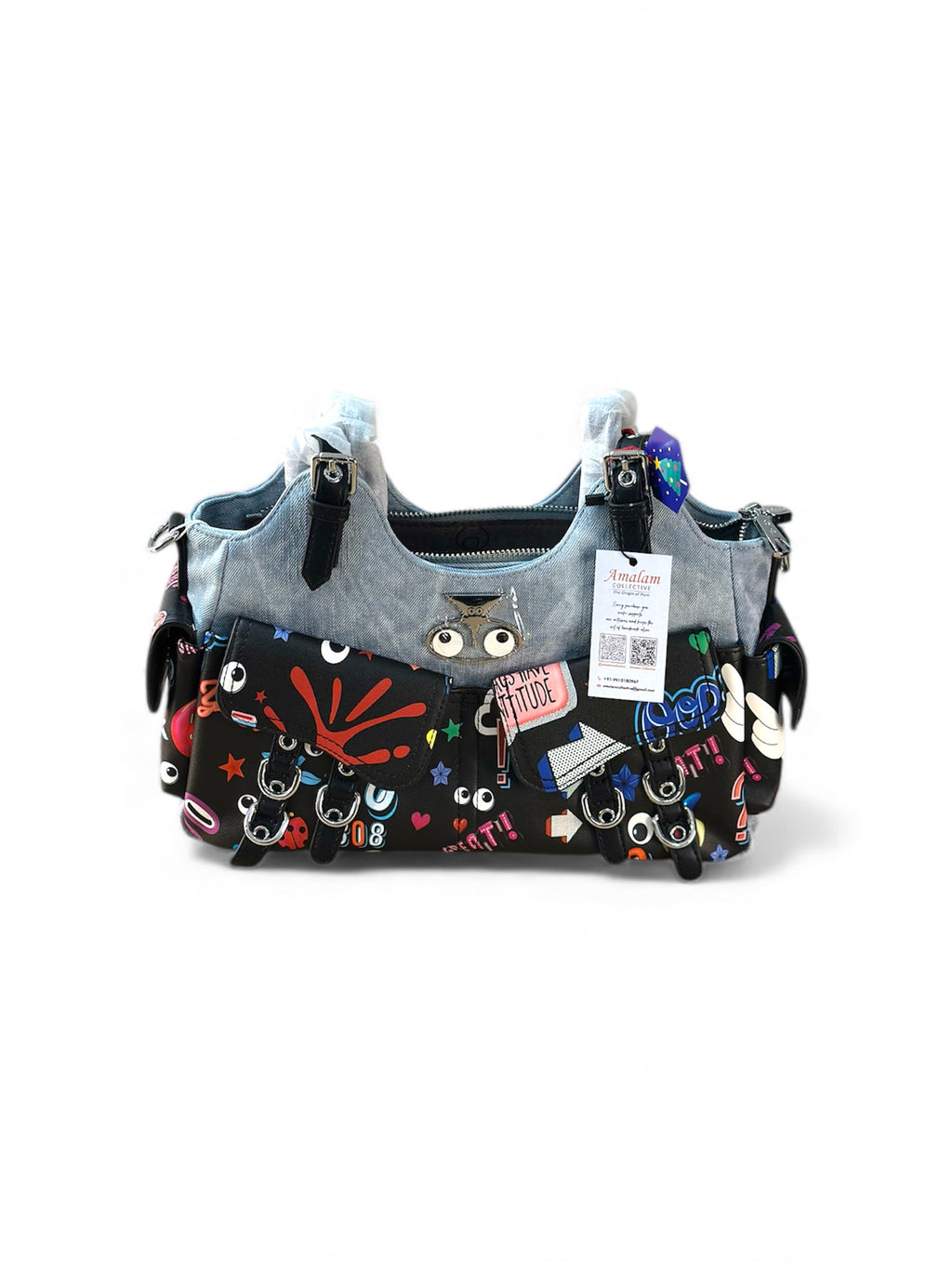 Playful Print Multi-Pocket Handbag with Zip Closure