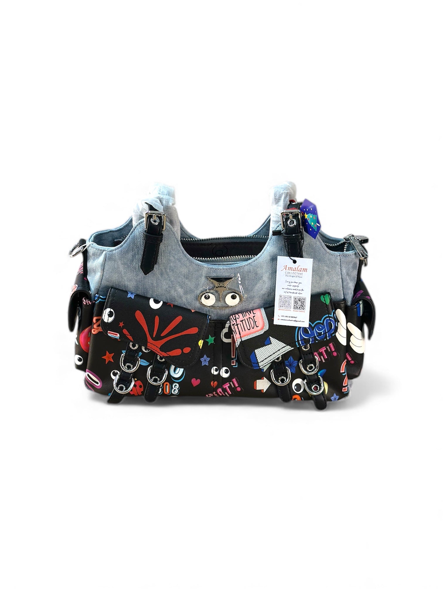 Playful Print Multi-Pocket Handbag with Zip Closure