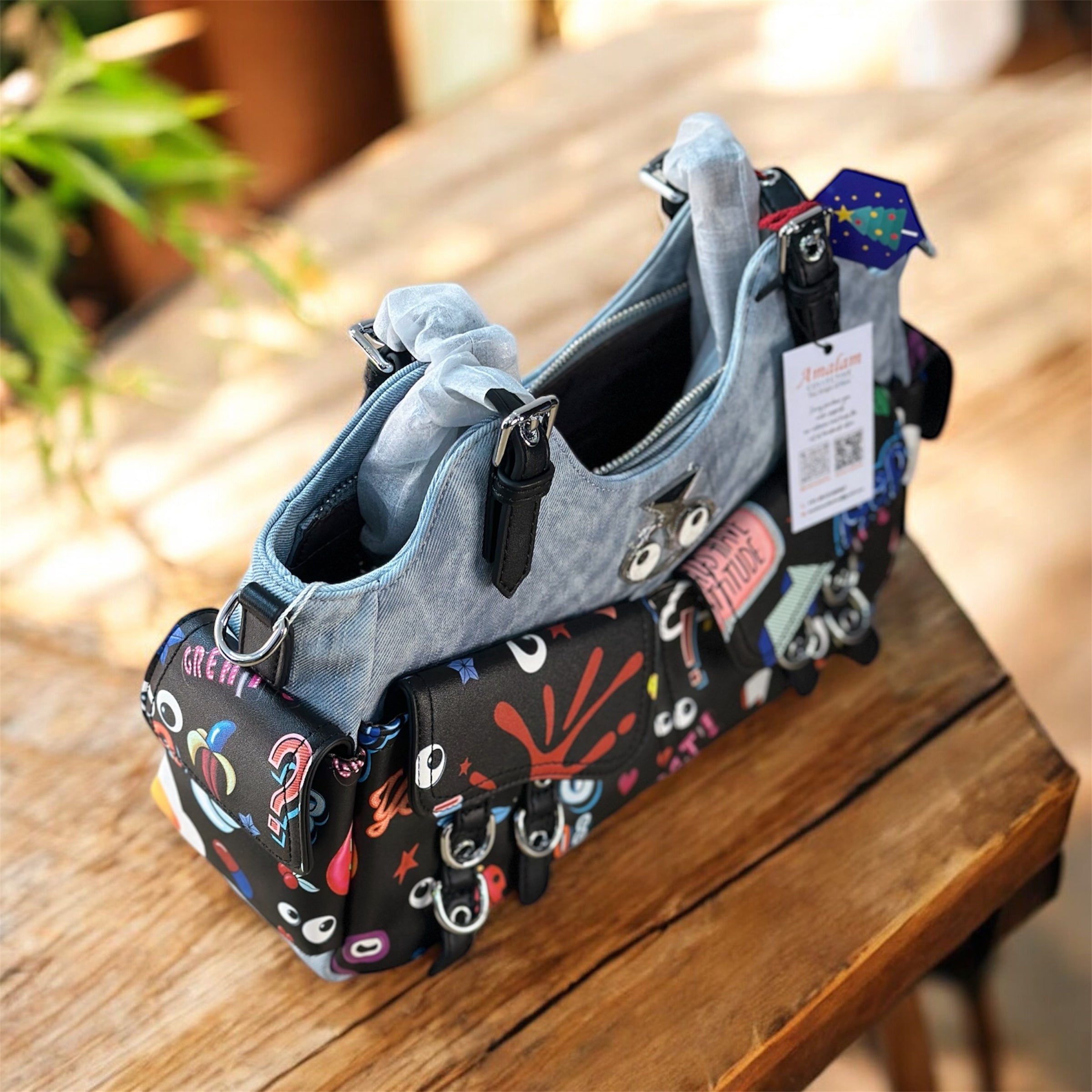 Playful Print Multi-Pocket Handbag with Zip Closure