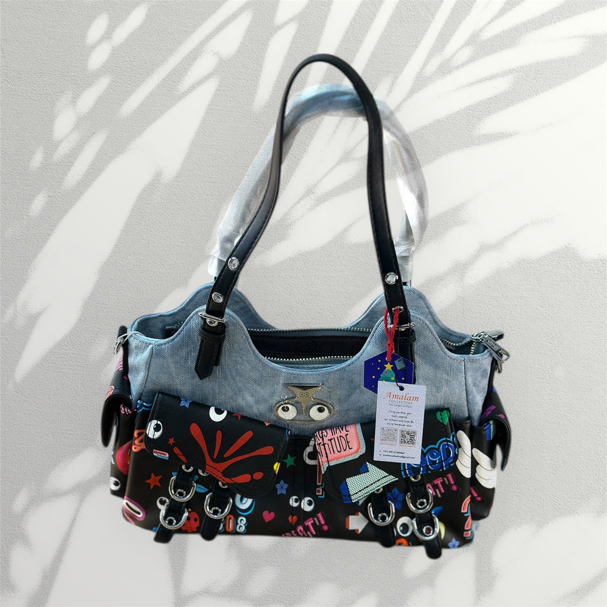 Playful Print Multi-Pocket Handbag with Zip Closure