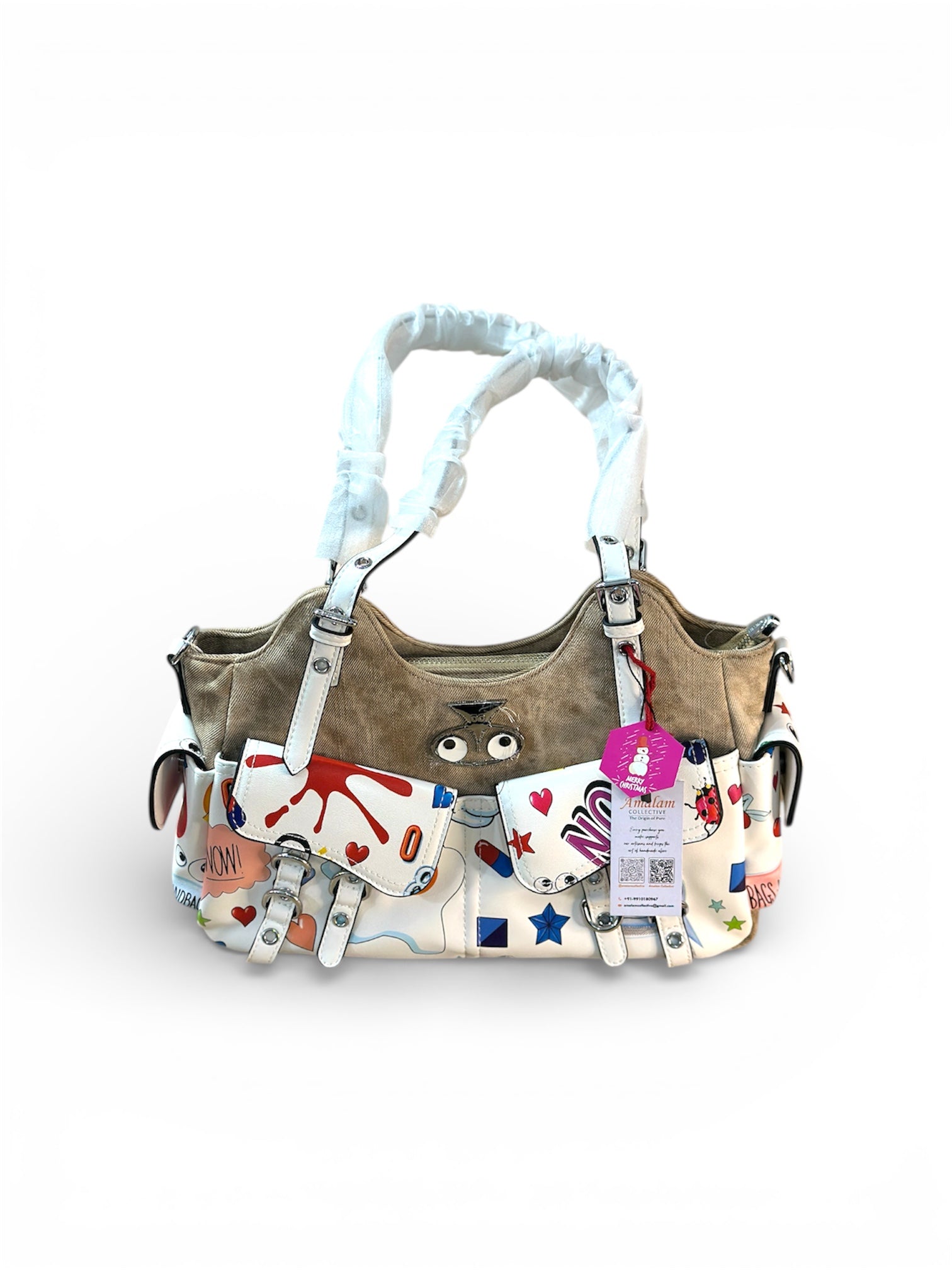 Playful Print Multi-Pocket Handbag with Zip Closure