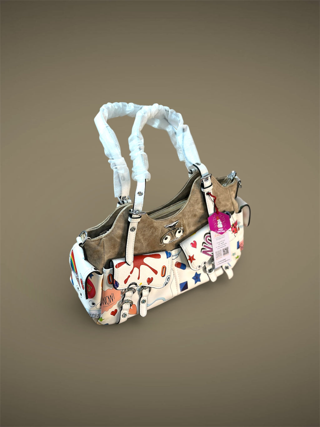 Playful Print Multi-Pocket Handbag with Zip Closure