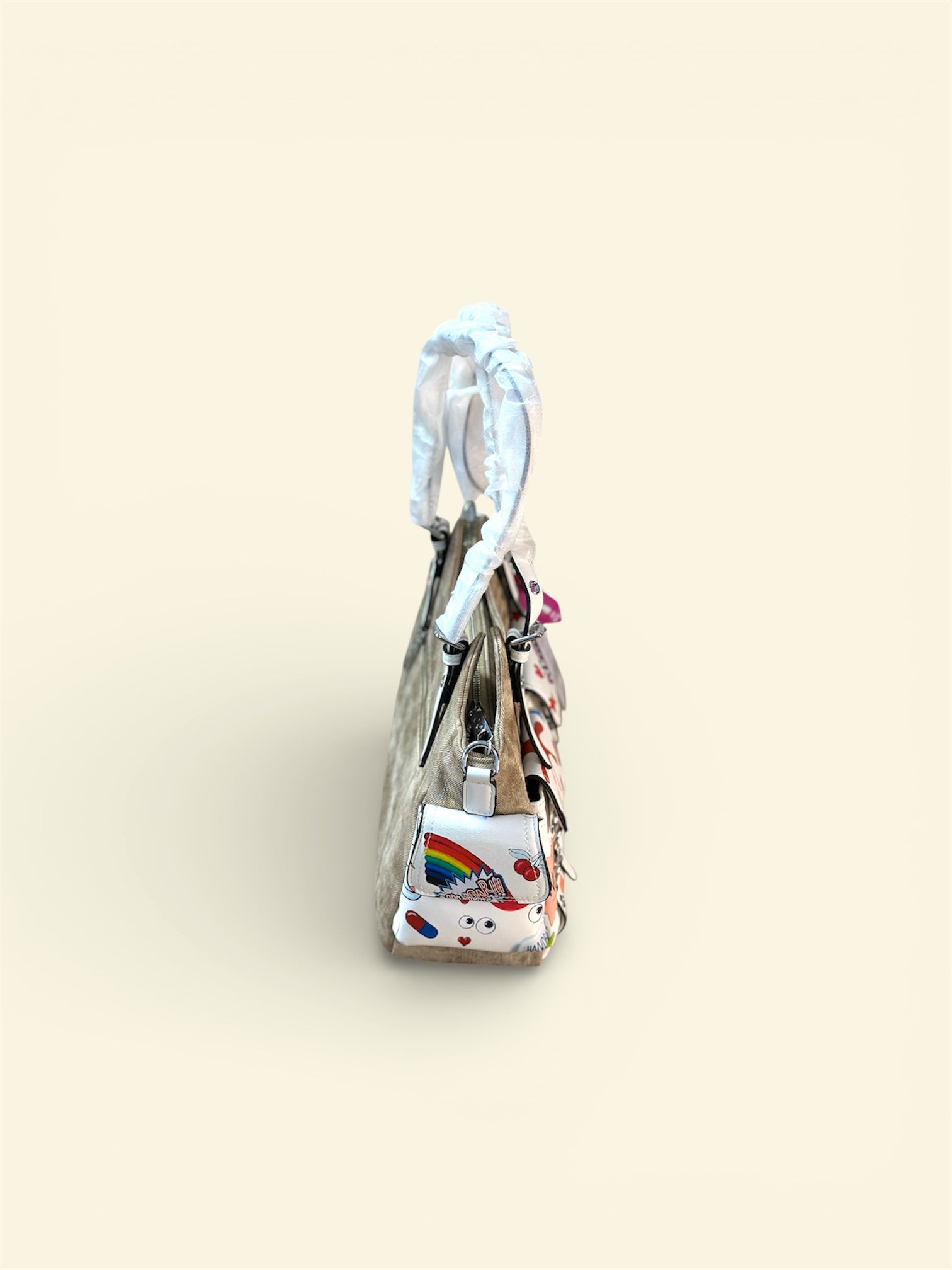 Playful Print Multi-Pocket Handbag with Zip Closure