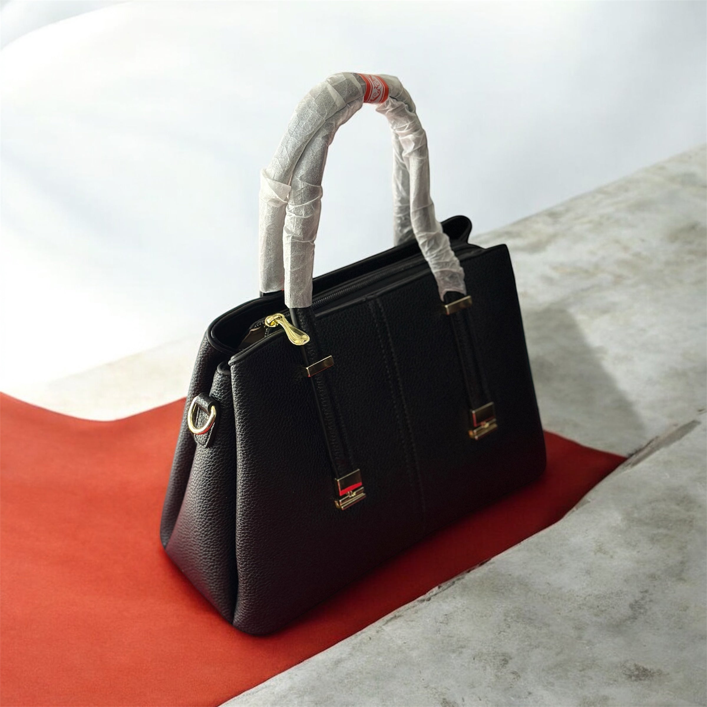 Elegant Black Office Handbag with Zip Closure & Gold Hardware