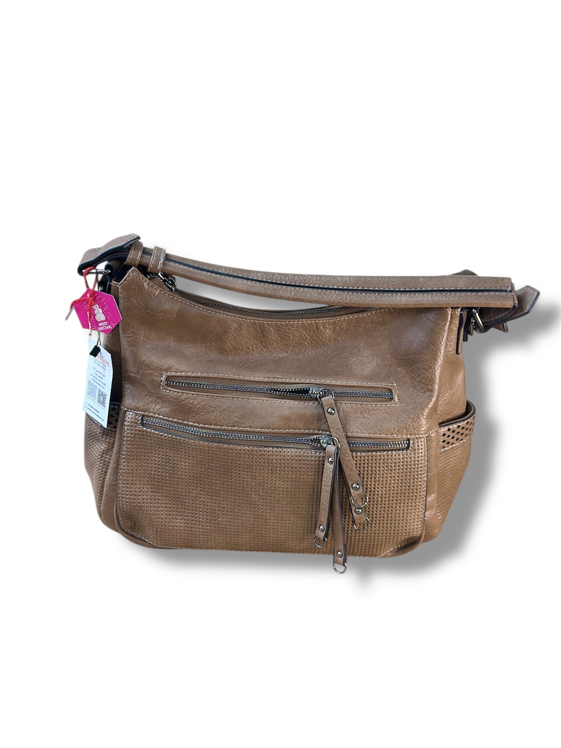 White / Brown Shoulder Bag with Zip Pockets – Modern Everyday Bag