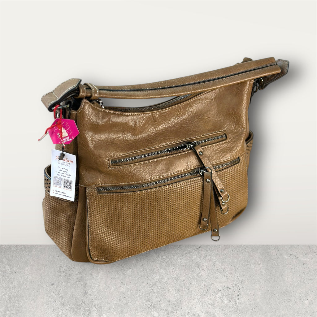 White / Brown Shoulder Bag with Zip Pockets – Modern Everyday Bag