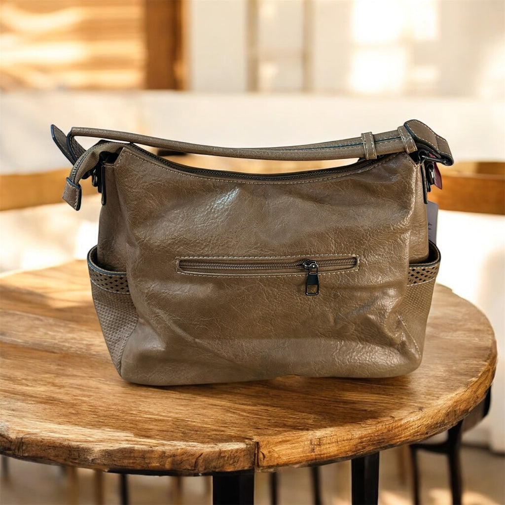 White / Brown Shoulder Bag with Zip Pockets – Modern Everyday Bag