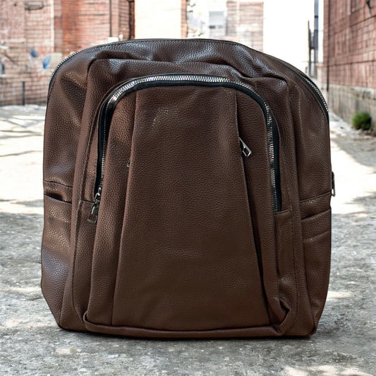 Classic Brown Leather Backpack with Front Zip Pocket