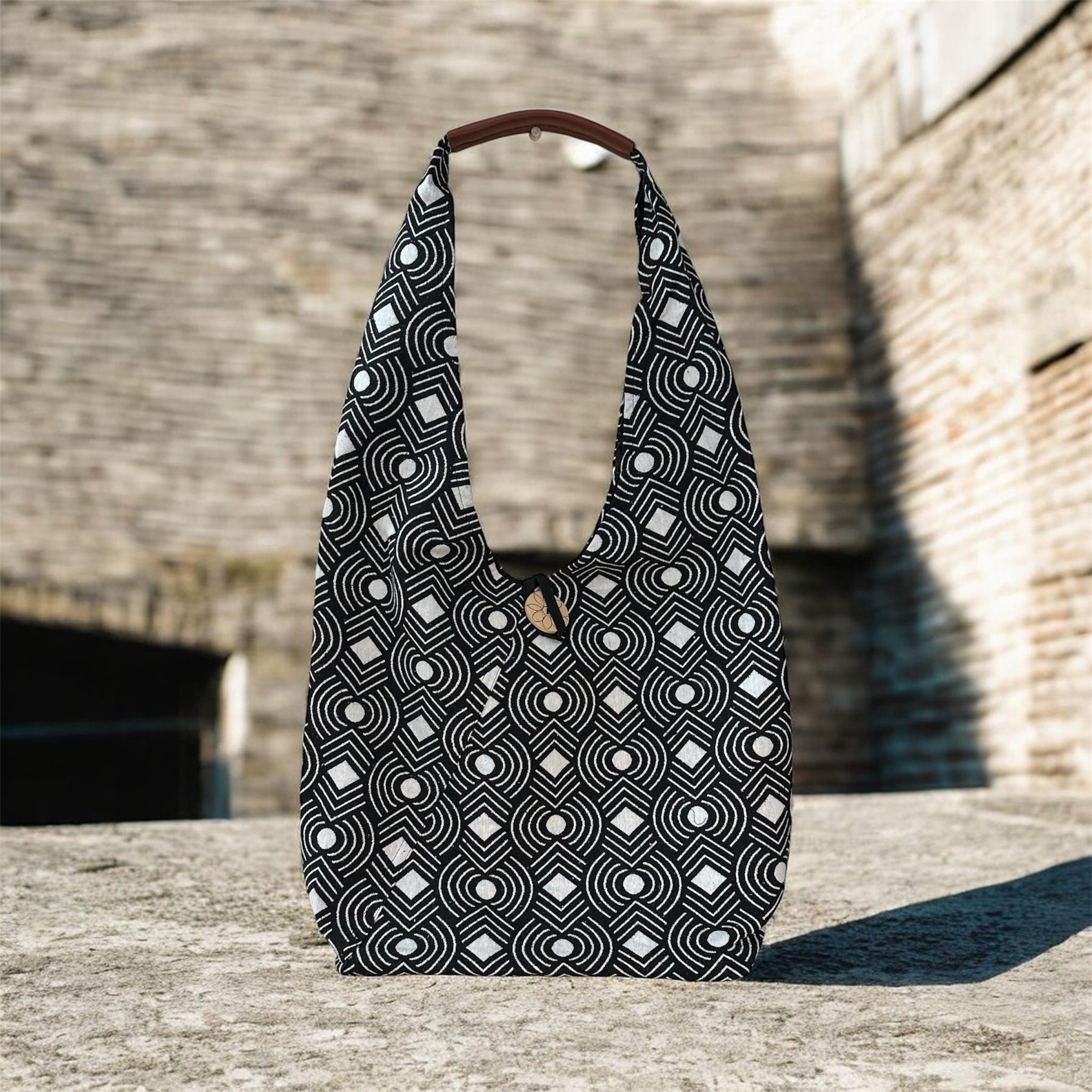 Artisan Geometric Tote Bag with Wooden Button Detail