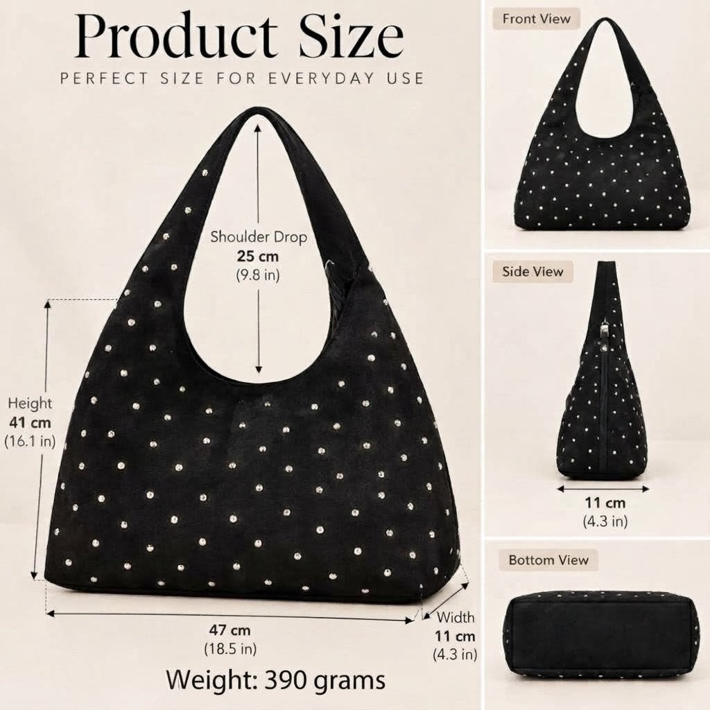 Amalam Black Studded Hobo Shoulder Bag for Women