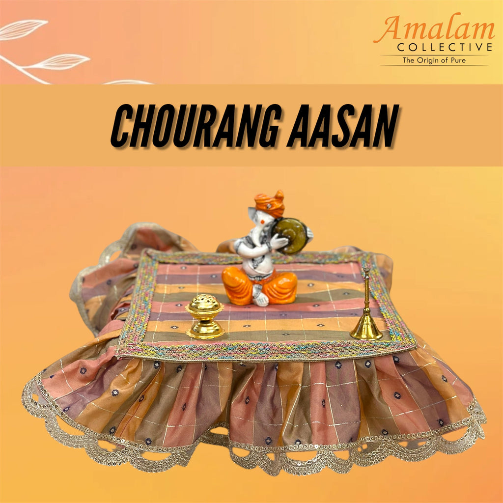 Chourang Asaan for God/Goddess, 10*10 Inches. Golden Embroidery, Cloth for Temple