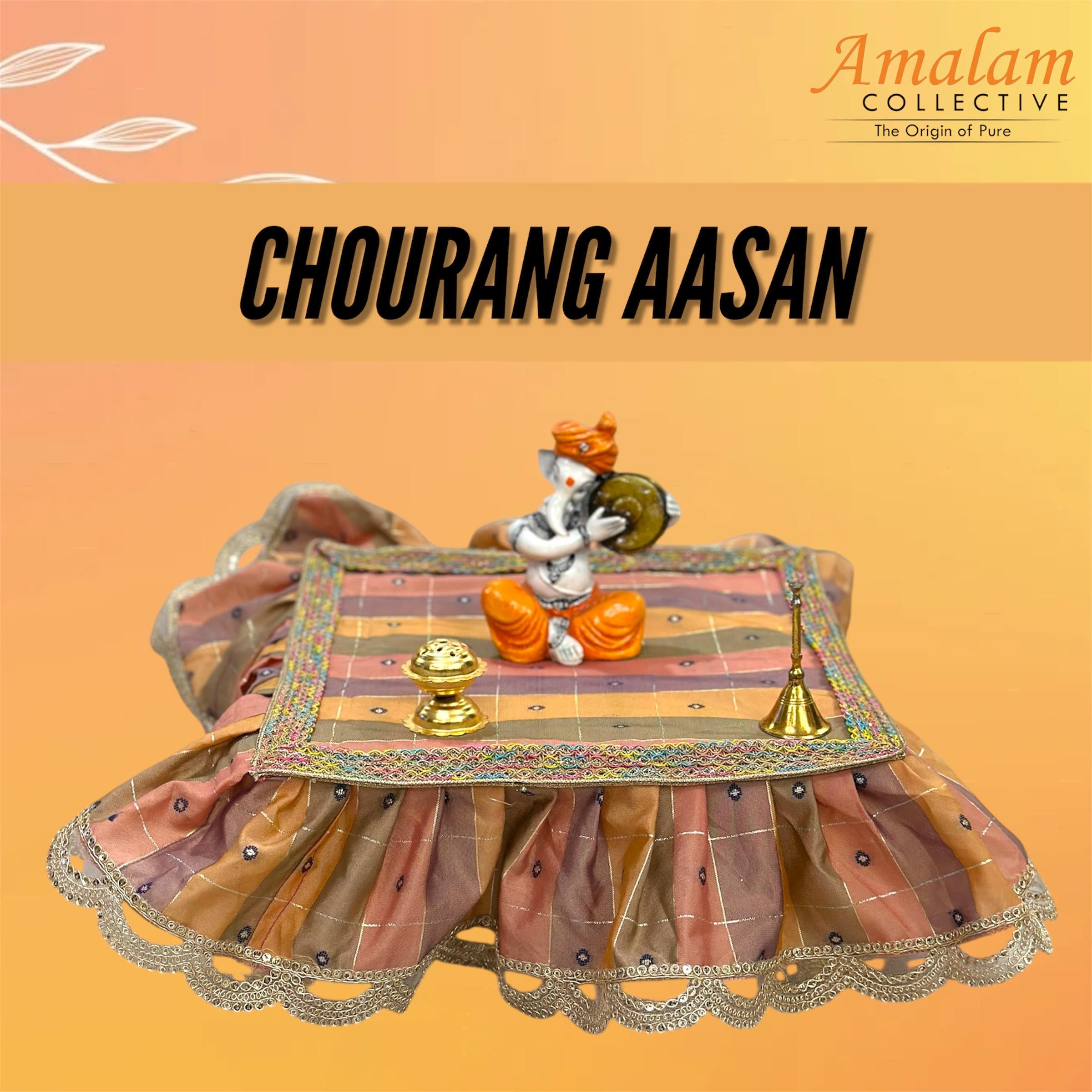 Chourang Asaan for God/Goddess, 10*10 Inches. Golden Embroidery, Cloth for Temple